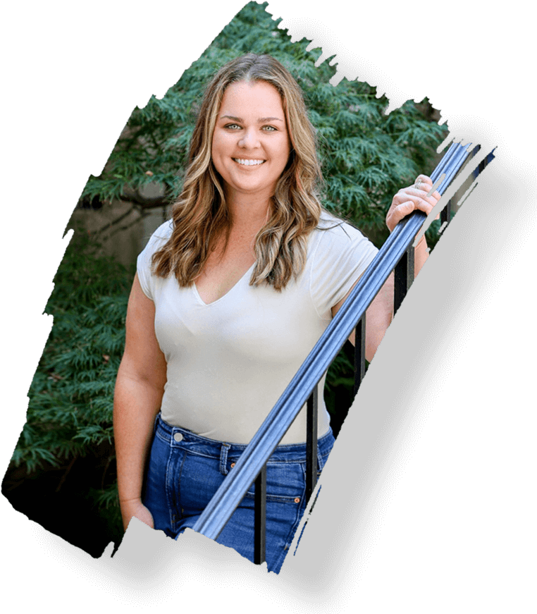 A woman holding onto a blue pole